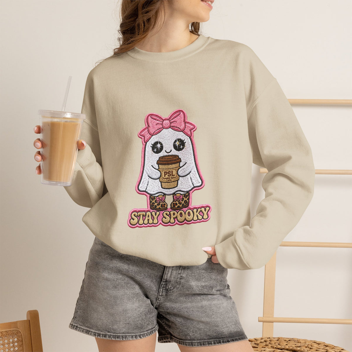 Stay Spooky Ghost Embroidered Sweatshirt — Cute Halloween Ghost with Pink Bow & Coffee