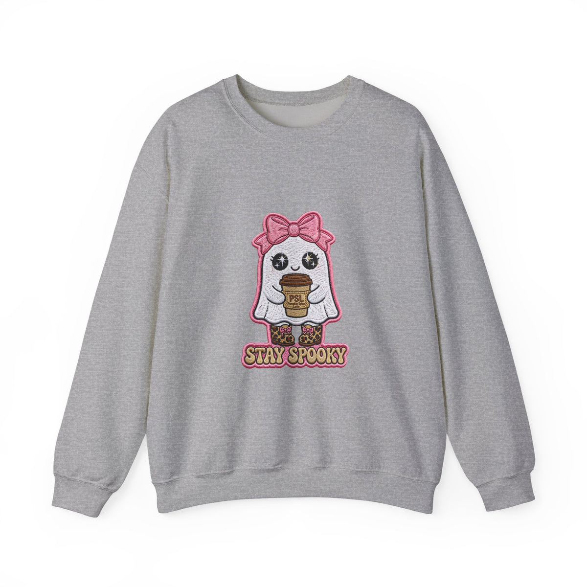 Stay Spooky Ghost Embroidered Sweatshirt — Cute Halloween Ghost with Pink Bow & Coffee