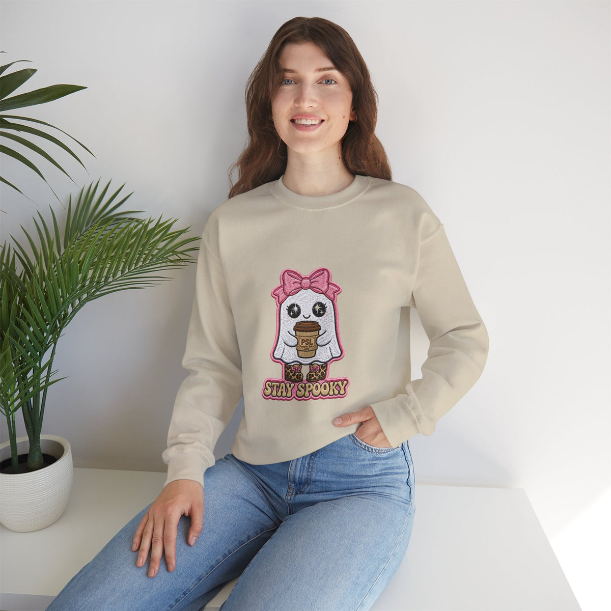Stay Spooky Ghost Embroidered Sweatshirt — Cute Halloween Ghost with Pink Bow & Coffee