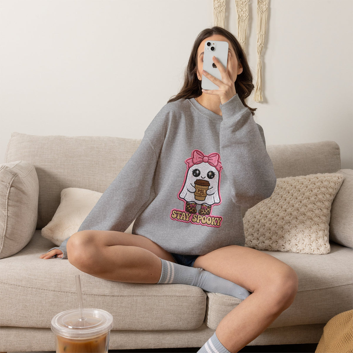 Stay Spooky Ghost Embroidered Sweatshirt — Cute Halloween Ghost with Pink Bow & Coffee