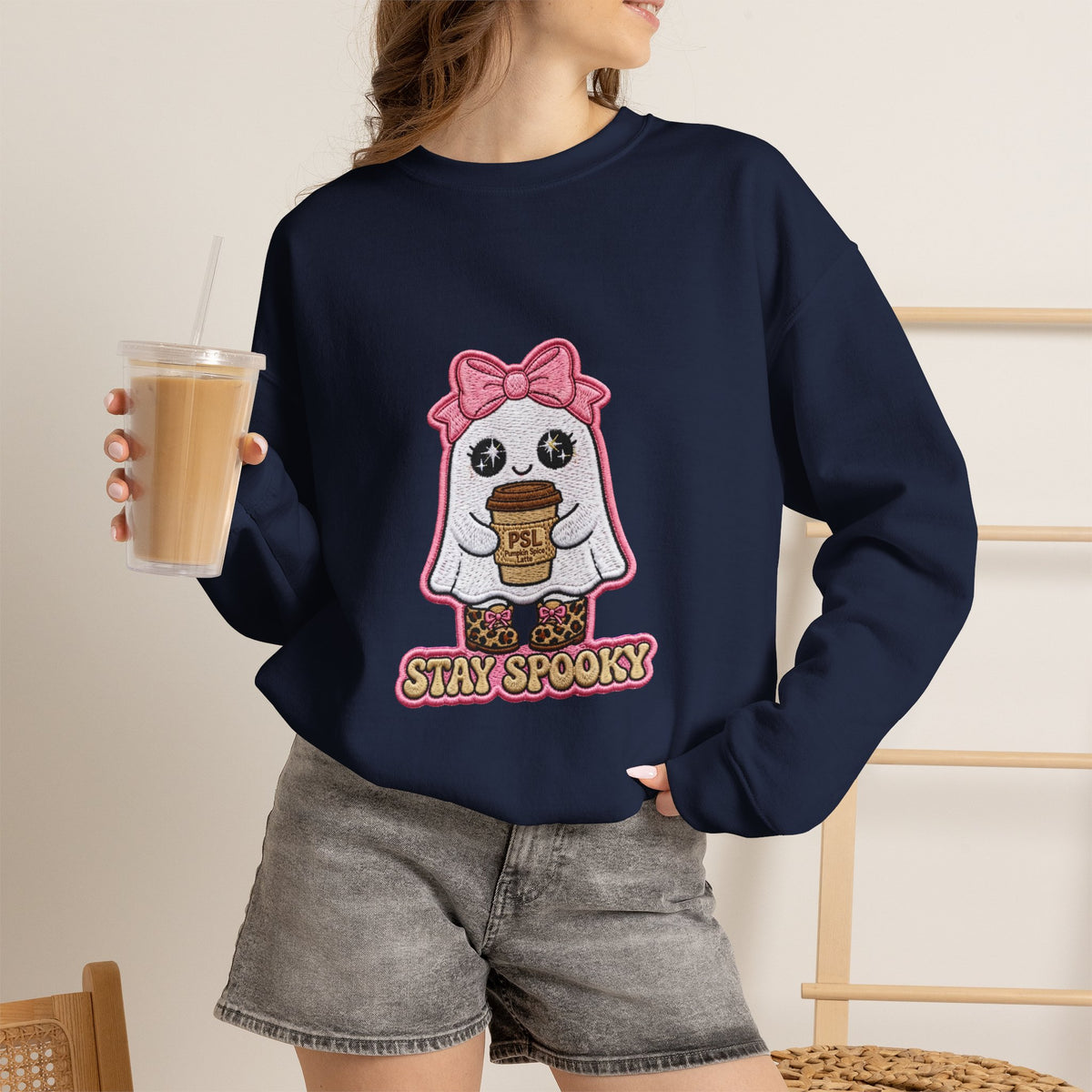 Stay Spooky Ghost Embroidered Sweatshirt — Cute Halloween Ghost with Pink Bow & Coffee