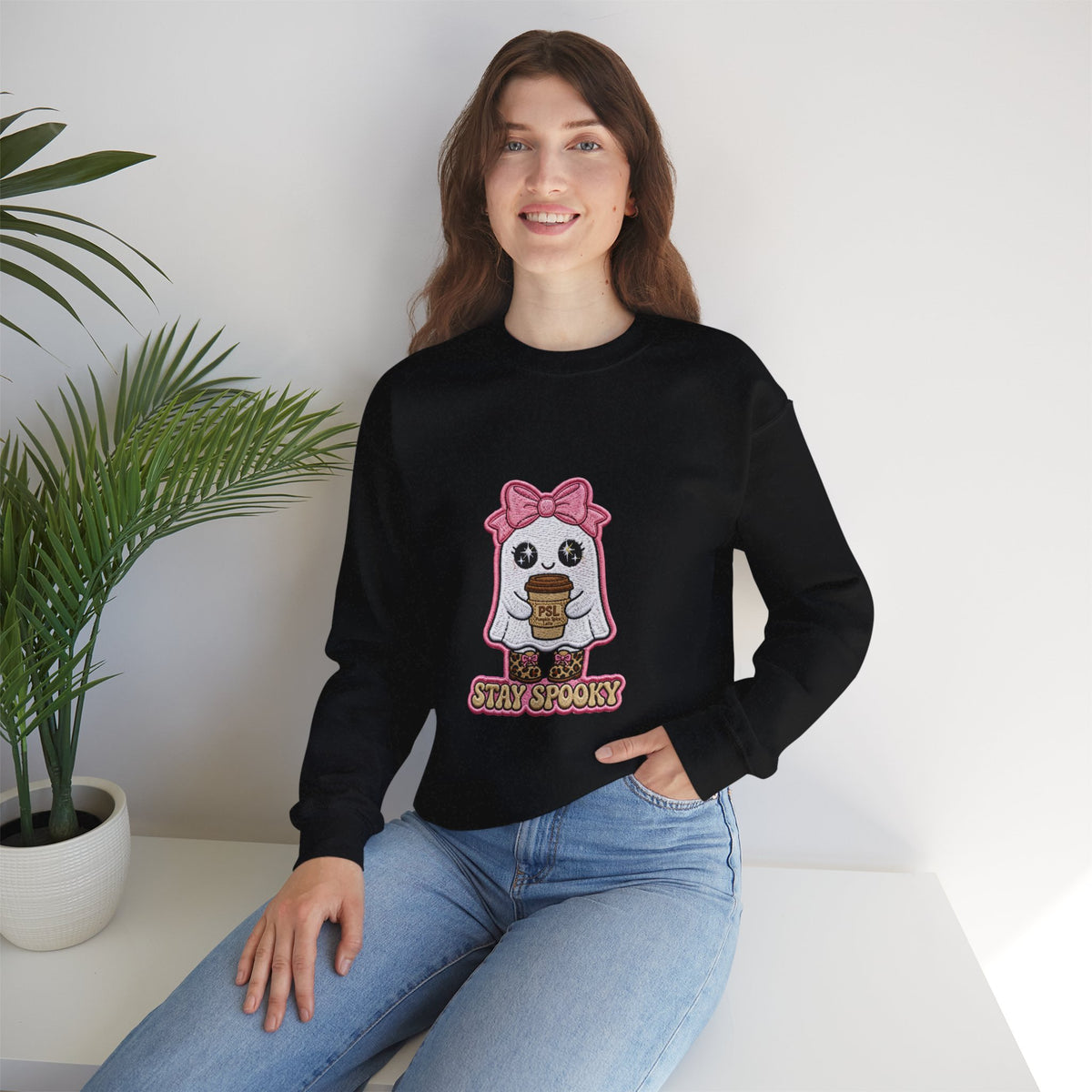 Stay Spooky Ghost Embroidered Sweatshirt — Cute Halloween Ghost with Pink Bow & Coffee