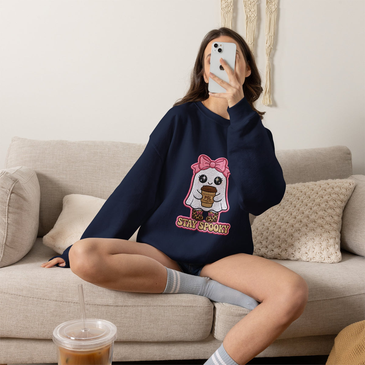 Stay Spooky Ghost Embroidered Sweatshirt — Cute Halloween Ghost with Pink Bow & Coffee