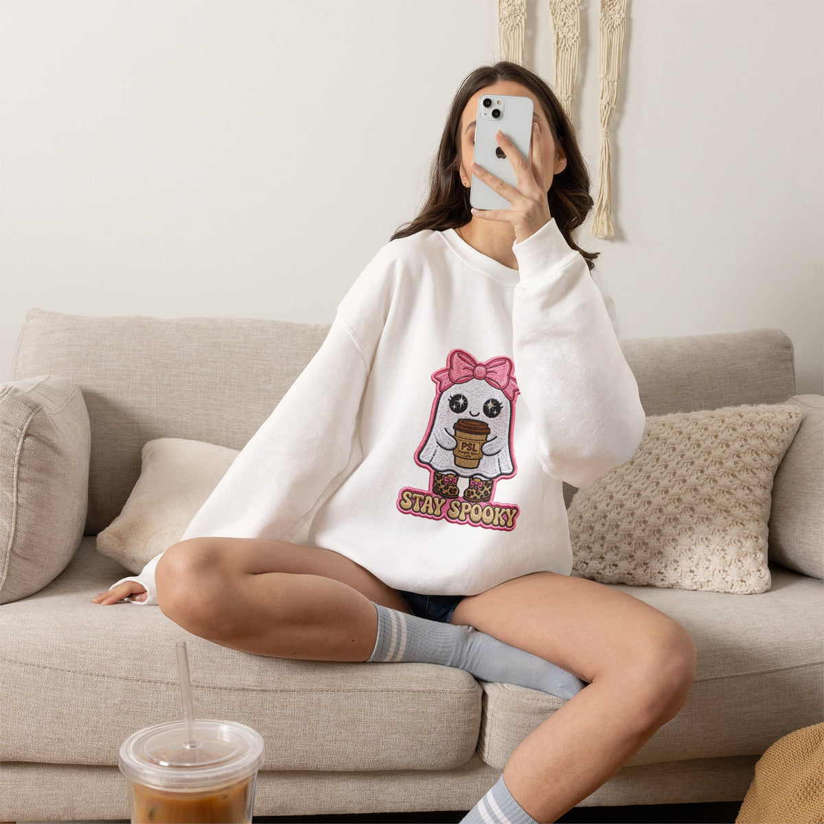 Stay Spooky Ghost Embroidered Sweatshirt — Cute Halloween Ghost with Pink Bow & Coffee