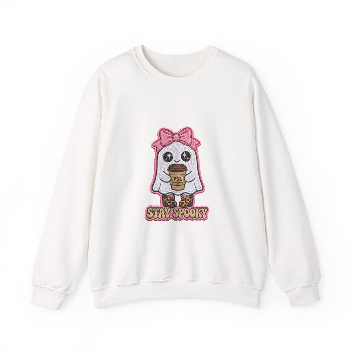 Stay Spooky Ghost Embroidered Sweatshirt — Cute Halloween Ghost with Pink Bow & Coffee