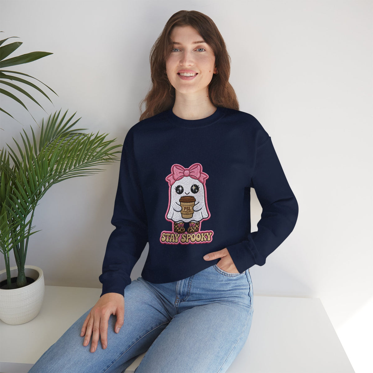 Stay Spooky Ghost Embroidered Sweatshirt — Cute Halloween Ghost with Pink Bow & Coffee