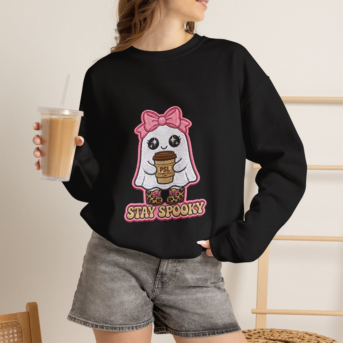 Stay Spooky Ghost Embroidered Sweatshirt — Cute Halloween Ghost with Pink Bow & Coffee