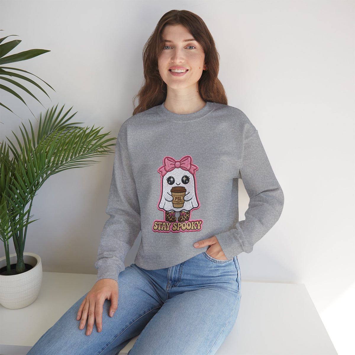 Stay Spooky Ghost Embroidered Sweatshirt — Cute Halloween Ghost with Pink Bow & Coffee