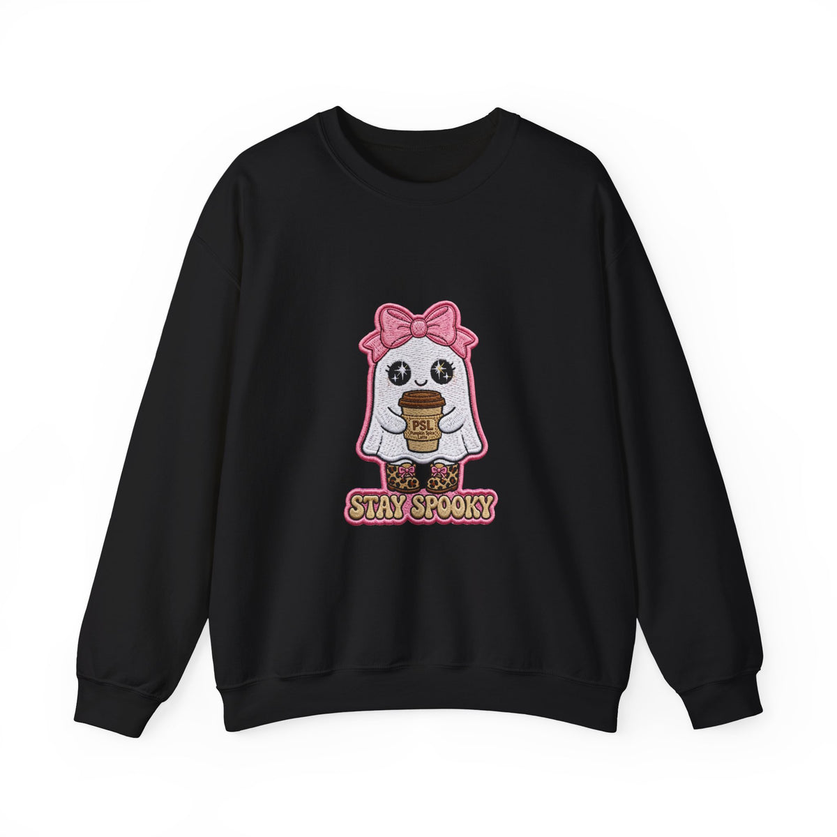 Stay Spooky Ghost Embroidered Sweatshirt — Cute Halloween Ghost with Pink Bow & Coffee