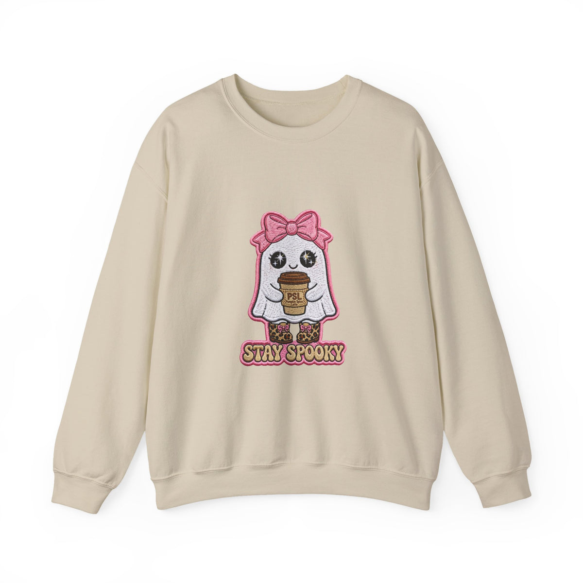 Stay Spooky Ghost Embroidered Sweatshirt — Cute Halloween Ghost with Pink Bow & Coffee