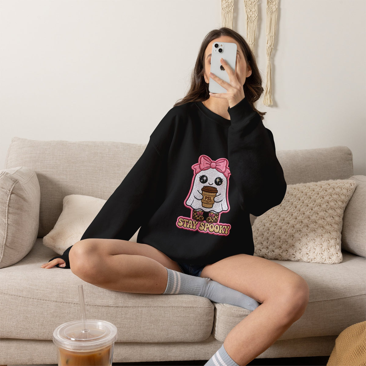 Stay Spooky Ghost Embroidered Sweatshirt — Cute Halloween Ghost with Pink Bow & Coffee