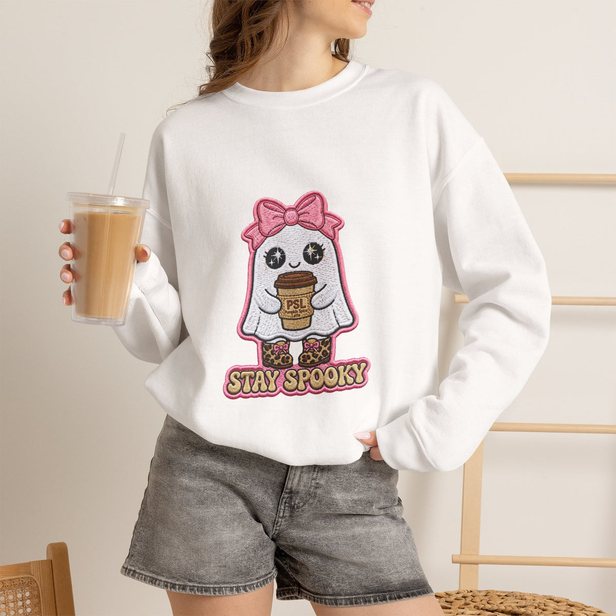 Stay Spooky Ghost Embroidered Sweatshirt — Cute Halloween Ghost with Pink Bow & Coffee