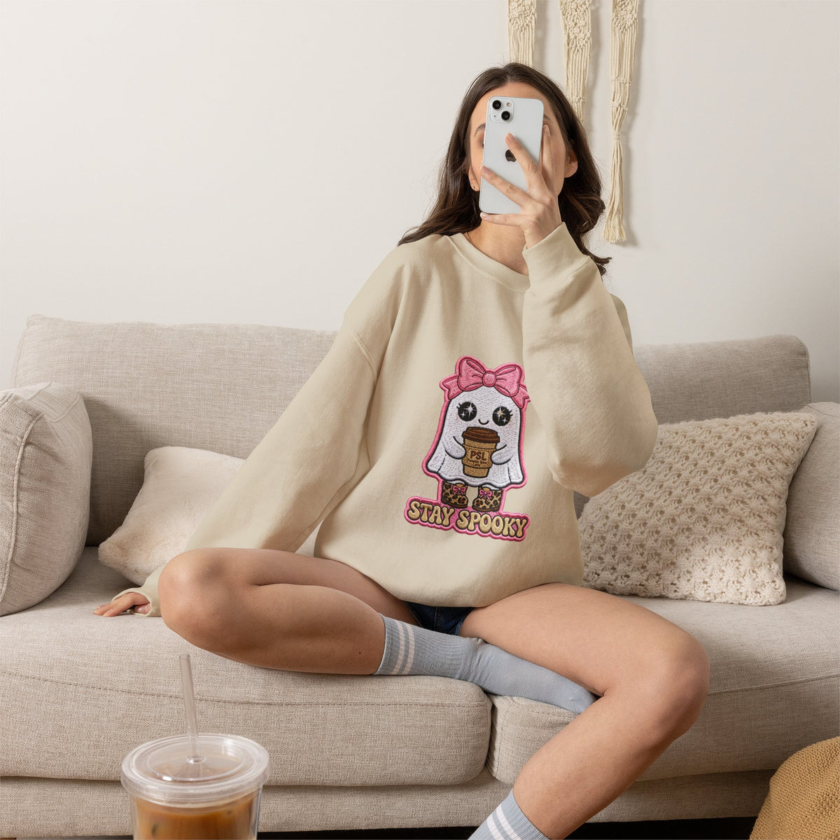 Stay Spooky Ghost Embroidered Sweatshirt — Cute Halloween Ghost with Pink Bow & Coffee