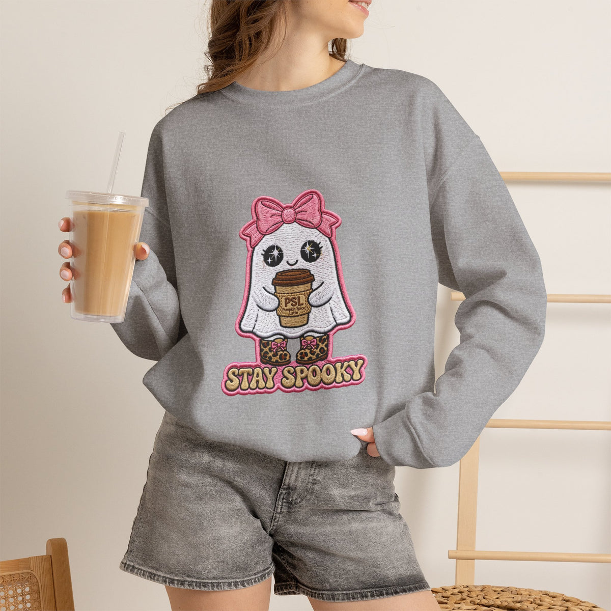 Stay Spooky Ghost Embroidered Sweatshirt — Cute Halloween Ghost with Pink Bow & Coffee