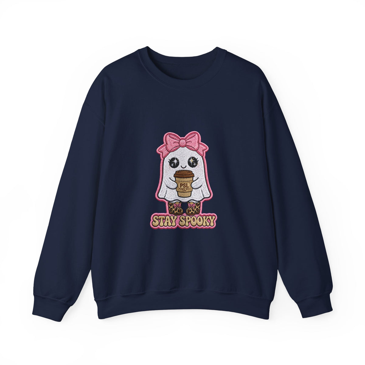 Stay Spooky Ghost Embroidered Sweatshirt — Cute Halloween Ghost with Pink Bow & Coffee