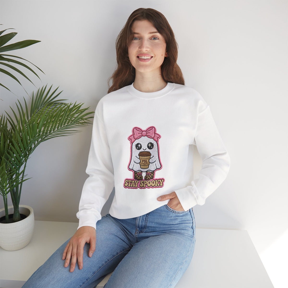 Stay Spooky Ghost Embroidered Sweatshirt — Cute Halloween Ghost with Pink Bow & Coffee